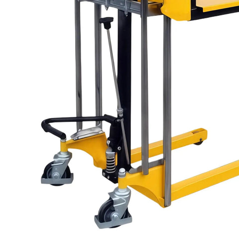 Pro Grade Heavy Duty Hydraulic Pallet Jack Stacker with detailed view of universal wheels and hydraulic lift mechanism.