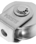 Close-up of stainless steel bearing pulley, part of Stainless Steel Bearing Pulleys For Sliding Doors Set Of Two Heavy Duty Wire Rope Wheels