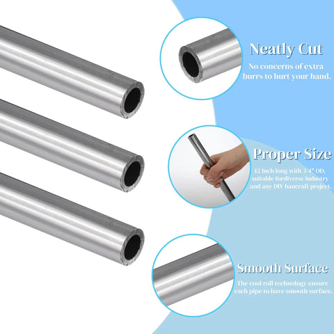 Six 12-inch seamless steel tubes, 3/4 in outer diameter, 0.12 in wall, smooth surface