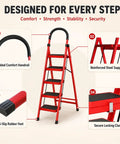 5 Step Folding Ladder For Home And Garage Portable Anti Slip Multi Use Step Stool For Kitchen Office And More Ultra Compact Easy To Store Sturdy Durable Construction Built To Last red steel ladder with padded handrail, anti-slip feet, and locking clasp
