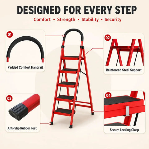 5 Step Folding Ladder For Home And Garage Portable Anti Slip Multi Use Step Stool For Kitchen Office And More Ultra Compact Easy To Store Sturdy Durable Construction Built To Last red steel ladder with padded handrail, anti-slip feet, and locking clasp