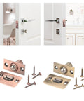 Heavy Duty Adjustable Ball Door Catches 2 Pack With Brass Roller Latch positioned on doors and hardware displayed with screws.