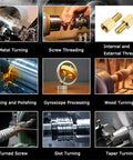 Various applications of the Top Tier 750W Heavy Duty Bench Metal Lathe Featuring MT4 Spindle Taper And Dual Speed Settings From 115 To 1620 Rpm.
