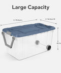 2 Pack 160 Quart Heavy Duty Rolling Storage Bins With Clear Transparent Walls And Tough Latching Lids For Smooth Glide Action, measuring 93.3 L x 54.3 W x 45.7 H cm.