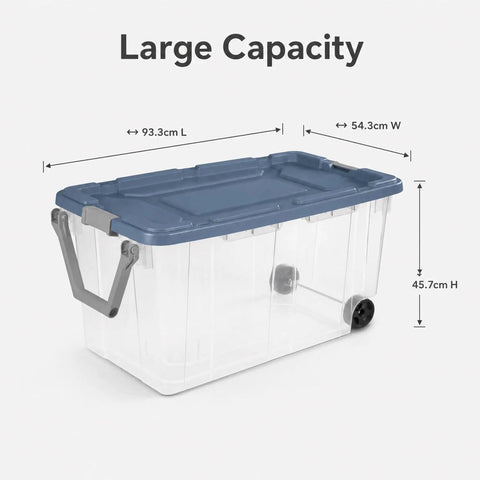 2 Pack 160 Quart Heavy Duty Rolling Storage Bins With Clear Transparent Walls And Tough Latching Lids For Smooth Glide Action, measuring 93.3 L x 54.3 W x 45.7 H cm.