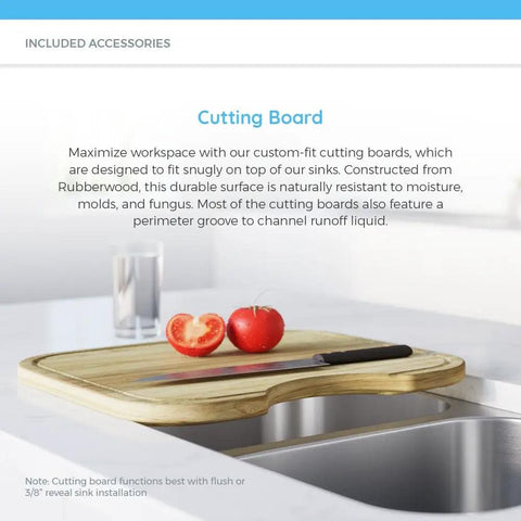 Undermount Stainless Steel Kitchen Sink Single Bowl 16 Gauge With Wet Bar Style Brushed Satin Finish 304 Grade Built To Last Durable Construction Noise Reducing Pads Includes Accessories, includes rubberwood cutting board shown on sink.