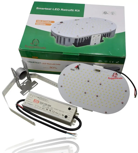 150W LED Retrofit Kit For High Bay And Parking Lot Lighting, Revan Series, and components on display