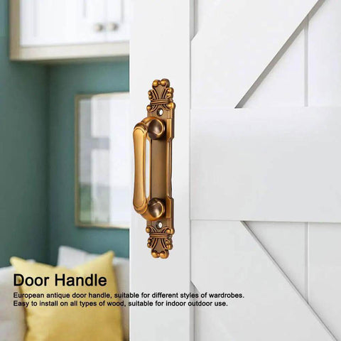 Two Pack Zinc Alloy Door Pull Handles In European Antique Style on a white barn door, shown in an indoor room.