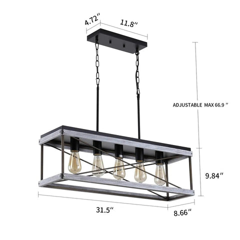Industrial Farmhouse 5 Light Kitchen Island Pendant In Wood And Metal Dope Linear Chandelier With Antique Gold And Black Finish Ideal For Dining Room Or Kitchen Sloped Ceiling Compatible Easy Install And Adjustable Chain showing dimensions and chain length