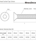 Diagram of Assorted M6 Flat Head Socket Cap Screws Available In 20, 25, 30, 35, And 40mm Lengths With 4mm Allen Drive, details of screw.