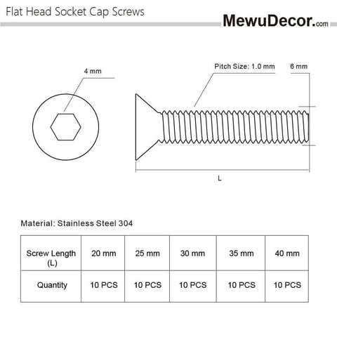Diagram of Assorted M6 Flat Head Socket Cap Screws Available In 20, 25, 30, 35, And 40mm Lengths With 4mm Allen Drive, details of screw.