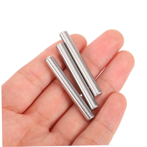 Three 304 Stainless Steel Dowel Pins in hand, part of 100 pieces cylindrical fastening elements for shelf support, automotive and machinery applications.