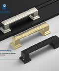 Brushed Gold Cabinet Handles 10 Pack 5 Inch Hole Center Pulls square drawer pulls with silver and black variations displayed on surface.