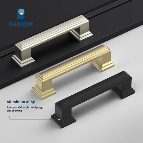 Brushed Gold Cabinet Handles 10 Pack 5 Inch Hole Center Pulls square drawer pulls with silver and black variations displayed on surface.