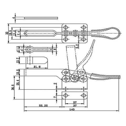 4 Piece Quick Release Toggle Clamp Set GH 201B 100kg Horizontal Locking Lever Fasteners for Woodworking and Metalworking Hand Tools Clips Heavy Duty Construction technical drawing with dimensions