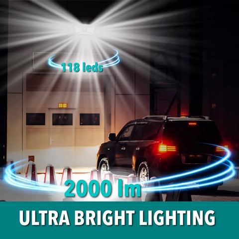 Ultra Lit Solar Flood Lights Outdoor 2000 Lumen illuminating a driveway with 118 LEDs, showcasing bright night use.