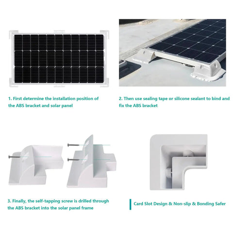 Easy Install No Drill RV Solar Panel Roof Mount Kit with 7 Piece White Brackets and installation steps displayed