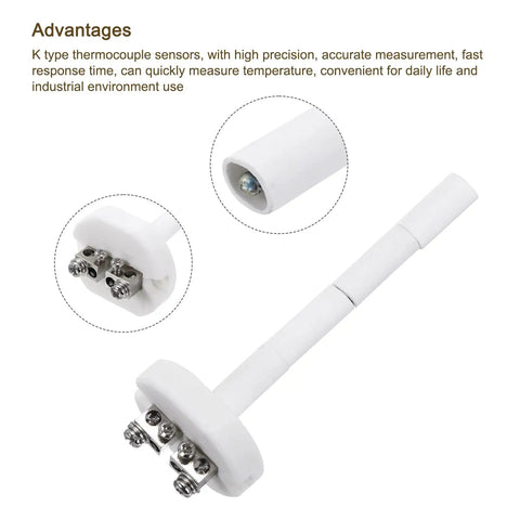 2 Pack K Type Ceramic Kiln Thermocouple Probes 4 Inch Long 2x100mm For Muffle Furnace Oven High Temp 0 To 1100C Temperature Sensor Replacement Kit For Accurate Temperature Control In Home Workshops showing probe with ceramic sheath and connectors