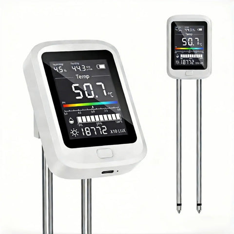 All In One Soil Moisture And pH Meter Set For Home Gardens Portable Plant Health Tester display showing temperature and humidity