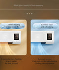 Wall Mounted Heater And Air Conditioner Featuring Remote Control Built In Timer Ultra Quiet Operation No Sweat Install Straight Up Cool Or Heat Performance For Your Home Base Or Office Setup, showing winter and summer modes.