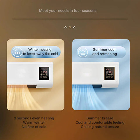 Wall Mounted Heater And Air Conditioner Featuring Remote Control Built In Timer Ultra Quiet Operation No Sweat Install Straight Up Cool Or Heat Performance For Your Home Base Or Office Setup, showing winter and summer modes.