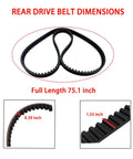 Rear drive belt dimensions showing 75.1 inch length, 0.39 inch thickness, and 1.53 inch width. Heavy Duty Aramid Rear Drive Belt With 136 Teeth And 1.5 Inch Width For Harley Tour Models Like Electra Glide Flht Fxr 1985 To 1996 Direct Fit For 40001-85 Plus 1204-0058 Built Tough For Raw Torque And Zero Hassle Install So You Ride Smooth Always.