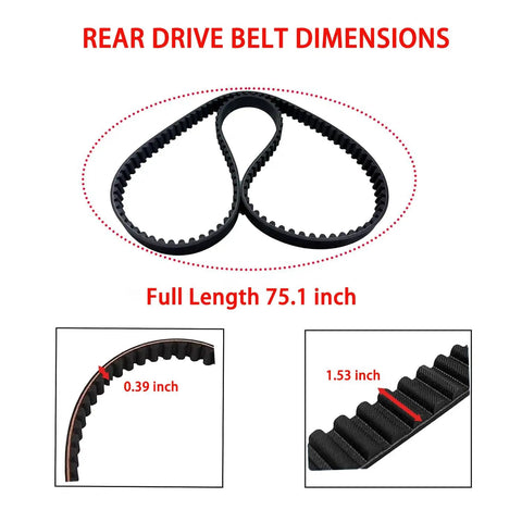 Rear drive belt dimensions showing 75.1 inch length, 0.39 inch thickness, and 1.53 inch width. Heavy Duty Aramid Rear Drive Belt With 136 Teeth And 1.5 Inch Width For Harley Tour Models Like Electra Glide Flht Fxr 1985 To 1996 Direct Fit For 40001-85 Plus 1204-0058 Built Tough For Raw Torque And Zero Hassle Install So You Ride Smooth Always.