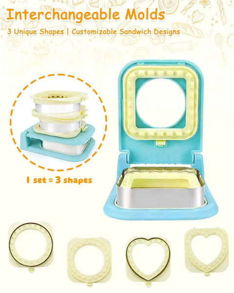 Craft Homemade Uncrustable Sandwiches With This Three-in-One Crustless Cutter And Sealer Machine showing interchangeable molds for customizable shapes.