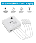 6 In 1 Rapid Multi Charging Hub For DJI Mini 4 Pro And Mini 3 Series Drones, Simultaneous Charge For Up To 4 Batteries Plus 2 USB Devices, Fast 8A Output, Compact Drone Charger Station with multiple protection indicators.