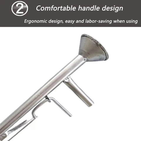 Close-up of Seed Sower And Fertilizer Applicator For Gardens, Handy Manual Seeder And Vegetable Planter, ergonomic steel handle design.