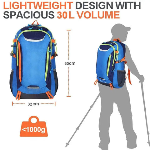 55L Waterproof Lightweight Hiking Camping Travel Backpack For Men And Women Durable Nylon Daypack shown on silhouette