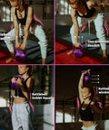 4 workout exercises shown with 10 Lb Vinyl Coated Kettlebell With Comfortable Wide Grip Handle For Home Gym Strength Training, purple color.