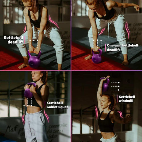 4 workout exercises shown with 10 Lb Vinyl Coated Kettlebell With Comfortable Wide Grip Handle For Home Gym Strength Training, purple color.