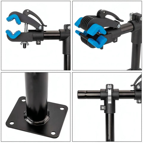 Heavy Duty Bicycle Repair Stand With Bench Mount Adjustable Clamp And Wide Compatibility For Road And Mountain Bikes Sturdy Steel Construction Easy Setup Ideal For Home Mechanic Repairs And Routine Maintenance, close-up of clamp and base details