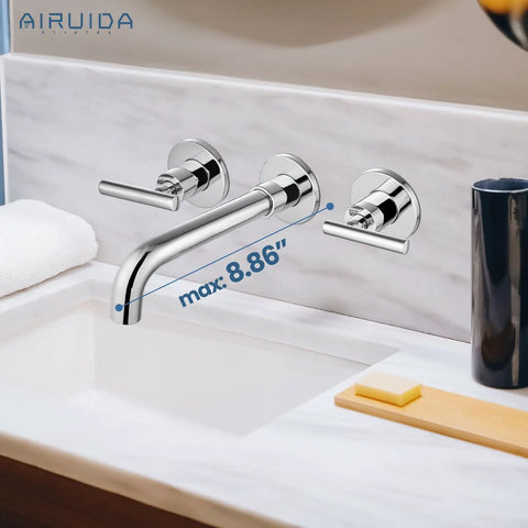Wall Mounted Widespread Bathroom Sink Faucet With 2 Levers And A 360 Swivel Spout 3 Holes Chrome Finish Solid Brass Construction