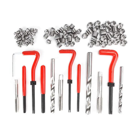 Ultimate 88 Piece Thread Repair Kit M6 M8 M10 with steel alloy inserts, taps, and drill bits displayed on white background.