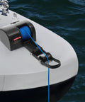 35lb Boat Electric Anchor Winch 12V Saltwater Windlass System With Remote Control 100ft Anchor Rope Heavy Duty Towing Winch For 24ft Boats Built Tough Rust Proof Construction ABS And Stainless Steel, mounted on bow with blue rope