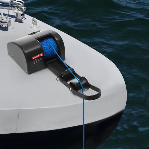 35lb Boat Electric Anchor Winch 12V Saltwater Windlass System With Remote Control 100ft Anchor Rope Heavy Duty Towing Winch For 24ft Boats Built Tough Rust Proof Construction ABS And Stainless Steel, mounted on bow with blue rope