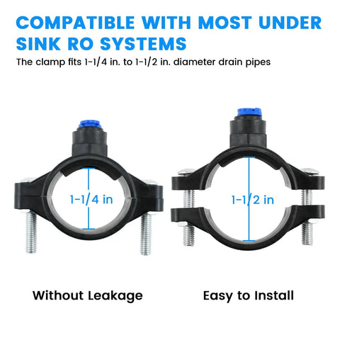 One Pack Drain Saddle Valve With One Quarter Inch Quick Connect For Plastic Water Filter Valve Clamp And Reverse Osmosis Systems shown in two sizes for under sink RO systems