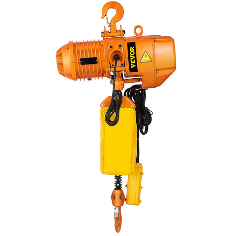 Heavy Duty 1 Ton Chain Hoist, Single Phase Electric Motor with Yellow Pendant Control for heavy lifting tasks.