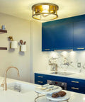 Gold Flush Mount Ceiling Light Fixture 12 Inch 2 Light Dimmable Modern Industrial Metal Fixture in a modern kitchen setting