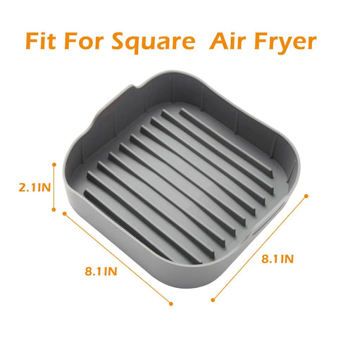 Air Fryer Silicone Pot Set For 8 Qt Dual DZ201 DZ401, nonstick square liner with ribbed bottom, gray, dimensions shown