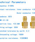 Technical specs of Gold Plated SMA Male To SMA Female RF Adapter 0-6GHz 50 Ohm Impedance Pro Grade Coax Connector