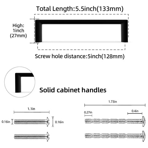 10 Pack 5 Inch Matte Black Kitchen Cabinet Pulls With 128mm Center To Center, 5.5 Inch Length And 1 Inch Projection illustration