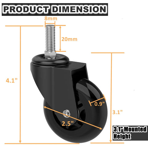 Top Shelf Heavy Duty 6 Pack 2.5 Inch Replacement Caster Wheels For Mechanic Creepers Rollers And Shop Stools Smooth swivel caster dimensions with M8 stem.