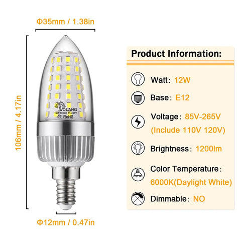 Energy Saving 12W LED Candelabra Bulb With E12 Base That Brightens Up Your Chandeliers 1200 Lumens 6000K Daylight White 100W Equivalent