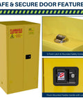 Built Like A Tank 60 Gallon Flammable Safety Cabinet With Self Closing Steel Doors And Heavy Duty Locking Mechanism For Garage Or Industrial Workshop Storage showing secure door features, a 3-point latch, and flush-mounted handle.