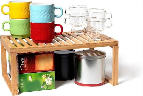 Bamboo Kitchen Cabinet Shelf Organizer for Pantry, Countertop, and Bathroom Space Saver Stackable Shelf with cups and tins