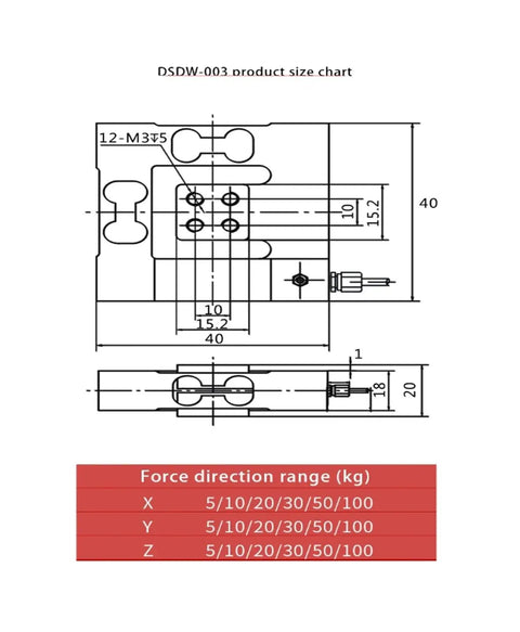 Diagram of Three Axis Force Load Cell for Real Time Multi Dimensional Sensing with size and force range specifications.
