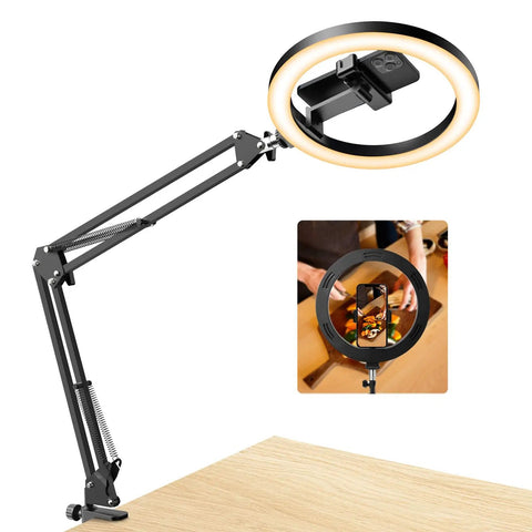 Ultra Flexible Overhead Ring Light With Desk Mount And Hands Free Phone Holder 10 Inch Selfie Light On A Stand Tripod For iPhone Perfect For Video Recording Zoom Calls Livestreams TikTok And YouTube, showing arm mount on desk.